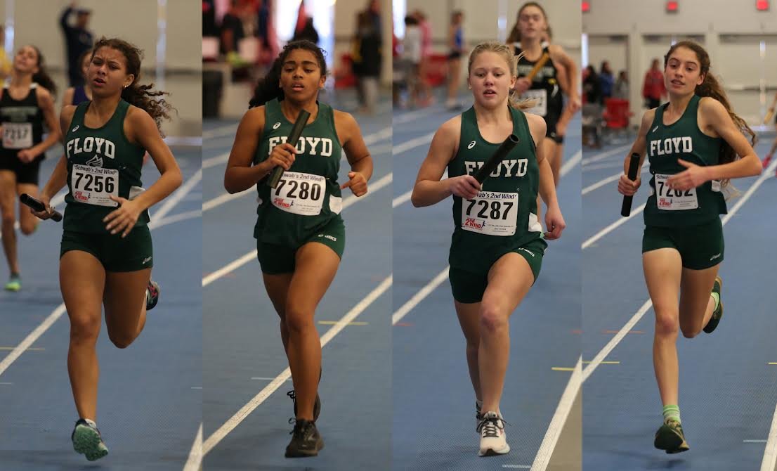 William Floyd High School’s record-setting 4x800-meter relay team of (l-r) Aaliyah Jordan, Destiny Samuels, Brianna Smith and Zariel Macchia.